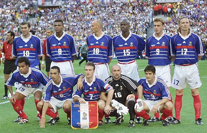 The France team prior to the 1998 World Cup final with Brazil, which they won 3-0.