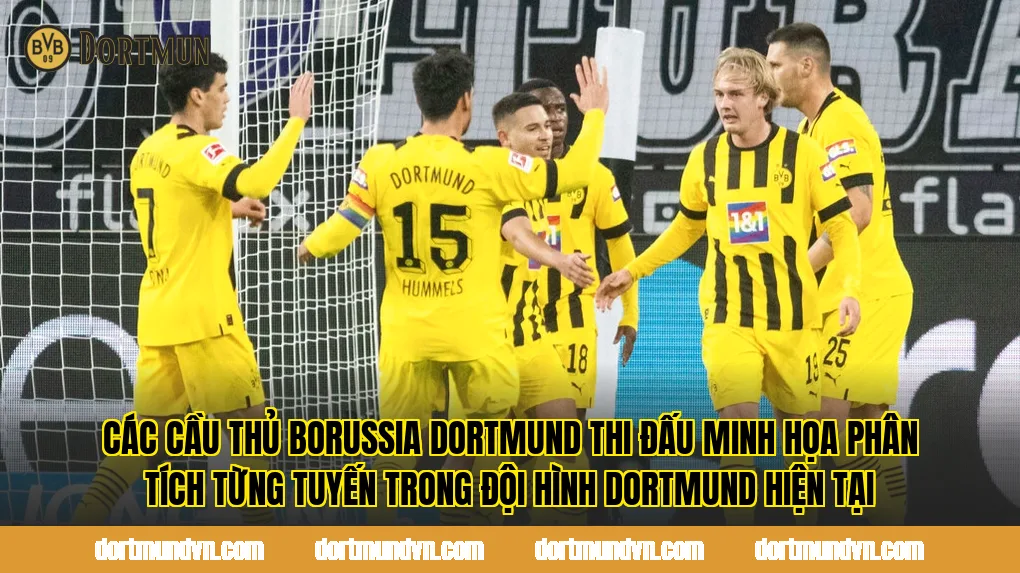 Các cầu thủ Borussia Dortmund thi đấu minh họa phân tích từng tuyến trong đội hình Dortmund hiện tại