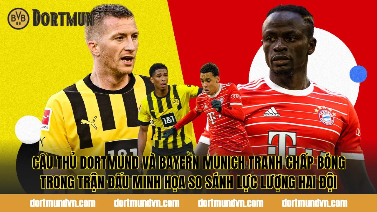 Cầu thủ Dortmund và Bayern Munich tranh chấp bóng trong trận đấu minh họa so sánh lực lượng hai đội