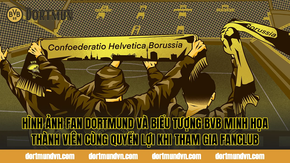 Hình ảnh fan Dortmund và biểu tượng BVB minh họa thành viên cùng quyền lợi khi tham gia fanclub