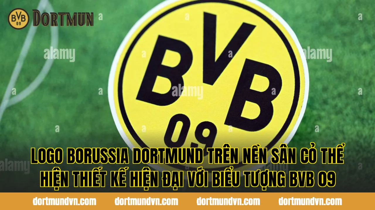 Logo Borussia Dortmund trên nền sân cỏ thể hiện thiết kế hiện đại với biểu tượng BVB 09